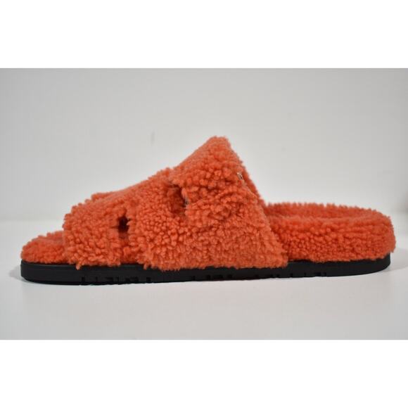 Hermes Chypre Sandal Teddy Shearling Fur Orange H Logo Slide Mule Flat Flip 37.5 - Picture 8 of 12